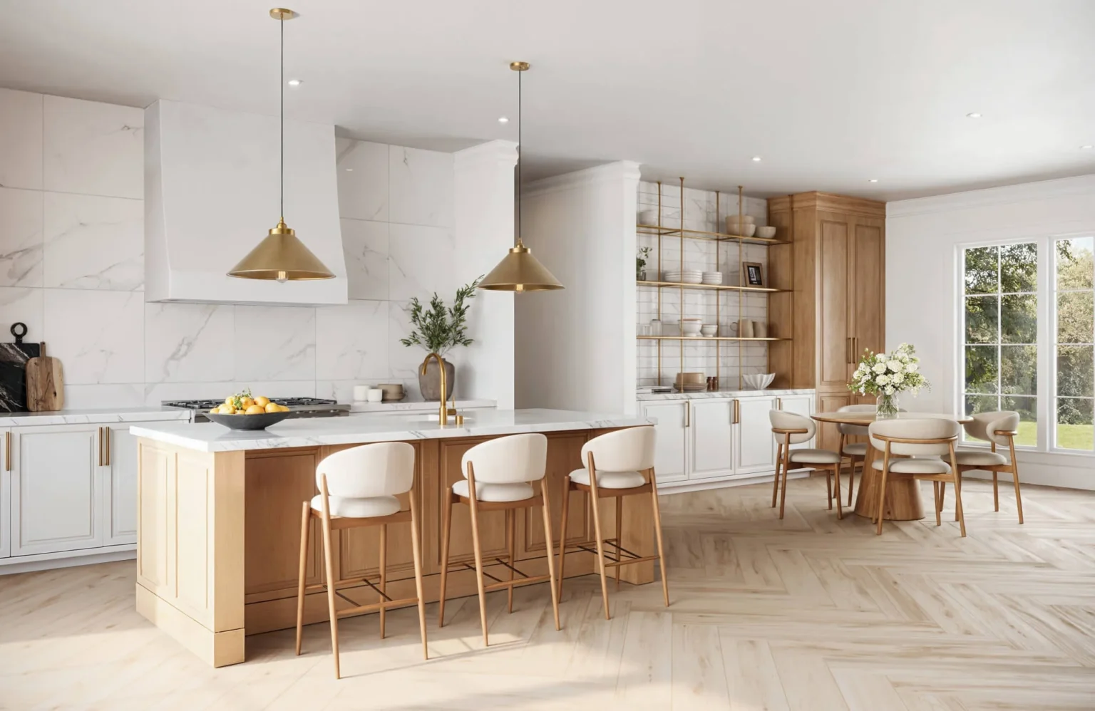 Modern kitchen cabinet design in Canada with white cabinetry, natural wood island, marble backsplash, and gold pendant lighting.