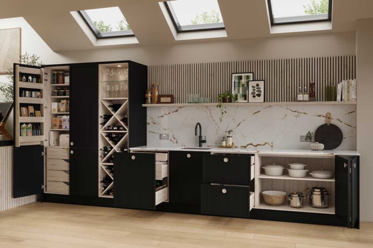 Kitchen cabinet solutions with pull-out pantry, drawers, and modern storage design