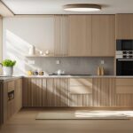 Modern minimalist kitchen cabinets Mississauga in light wood with fluted fronts, matte black faucet, and built-in wall oven.