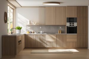 Modern minimalist kitchen cabinets Mississauga in light wood with fluted fronts, matte black faucet, and built-in wall oven.