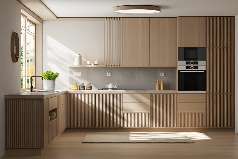 Modern minimalist kitchen cabinets Mississauga in light wood with fluted fronts, matte black faucet, and built-in wall oven.