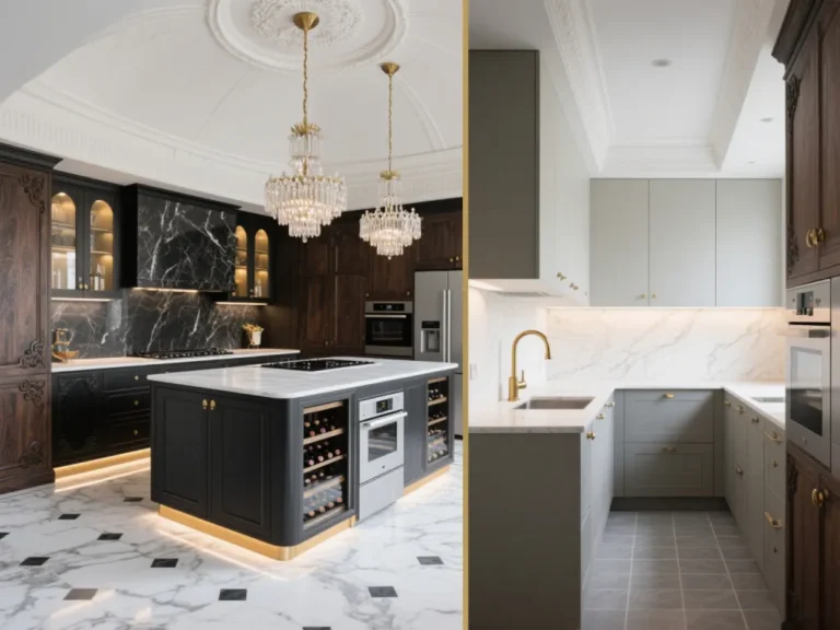 Luxury kitchen cabinet design featuring dark wood and gray shaker cabinets with marble surfaces and gold hardware