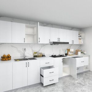 ready-to-assemble kitchen cabinets in a modern white kitchen