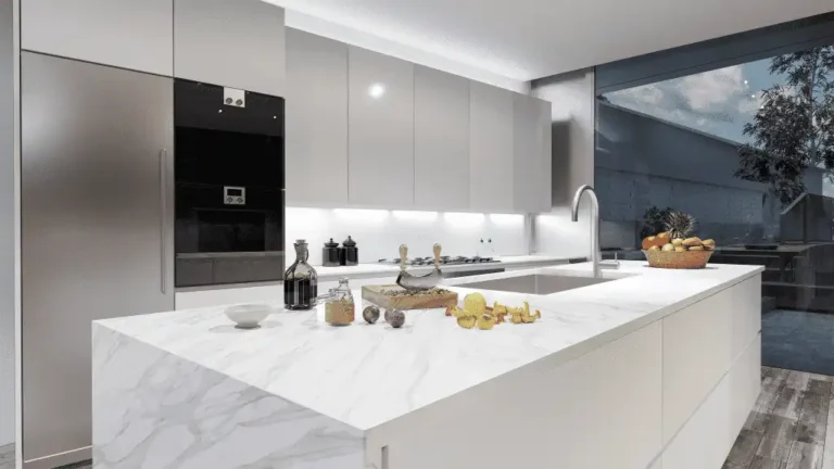 Modern RTA kitchen cabinet design with minimalist white island and smart storage