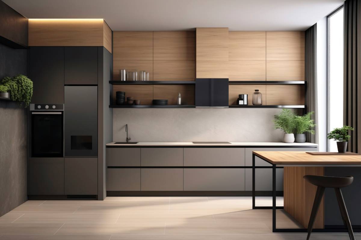 Modern minimalist kitchen cabinets Mississauga with wood finish upper cabinets, matte base cabinets, and integrated lighting in a contemporary Ontario home