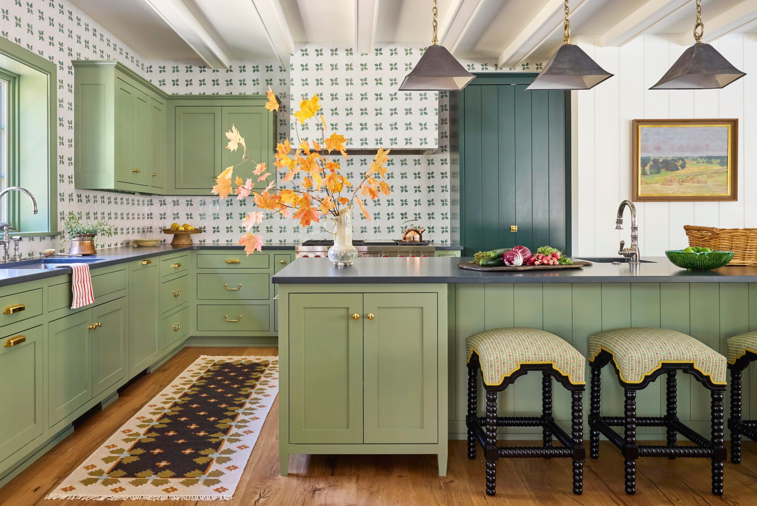 Premium kitchen cabinets in sage green with island storage and modern farmhouse style