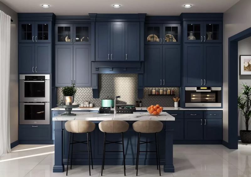 RTA kitchen cabinets Toronto in a modern navy blue shaker kitchen with island