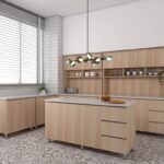Best kitchen cabinet colors Canada – modern light wood kitchen cabinets with island, open shelving, and white tile backsplash