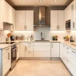 Modern white shaker kitchen cabinets in Mississauga with U-shaped layout, stainless appliances, and under-cabinet lighting.