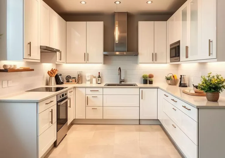 Modern white shaker kitchen cabinets in Mississauga with U-shaped layout, stainless appliances, and under-cabinet lighting.