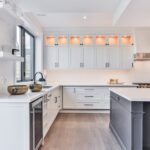 Modern white kitchen cabinet design with island and storage solutions for contemporary homes in Canada