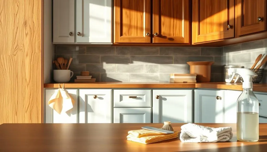 RTA kitchen cabinets Toronto & Mississauga in a sunlit kitchen with shaker-style cabinets and cleaning supplies