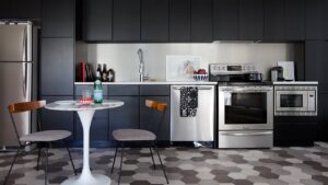 Modern RTA kitchen cabinets in a sleek black minimalist kitchen