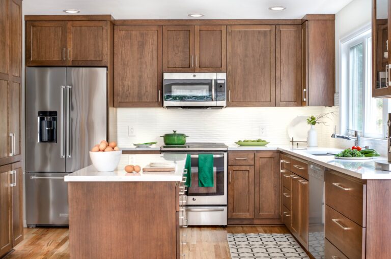 Kitchen Cabinet Toronto with warm wood cabinets, white countertops, and modern layout