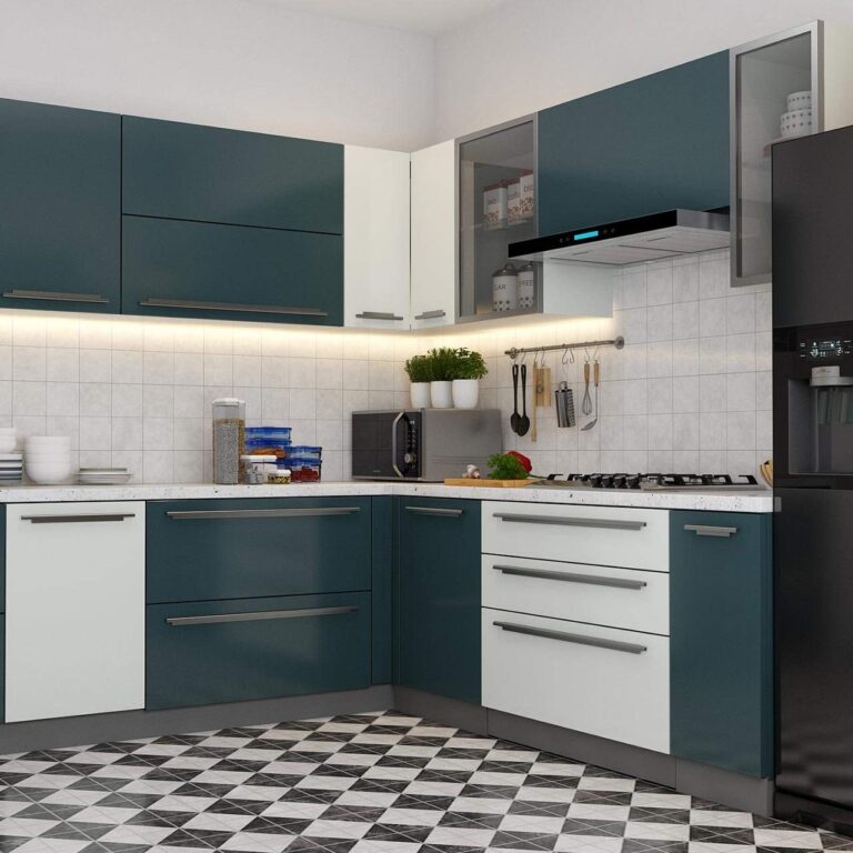 Modern ready to assemble kitchen cabinets in blue and white L-shaped design