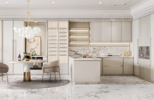 modern luxury kitchen with premium white cabinets and marble countertop