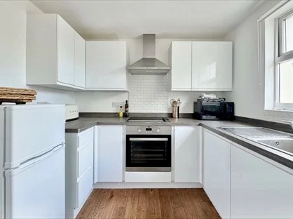Modern white kitchen cabinets installed by professional kitchen suppliers for rental property renovation in Canada