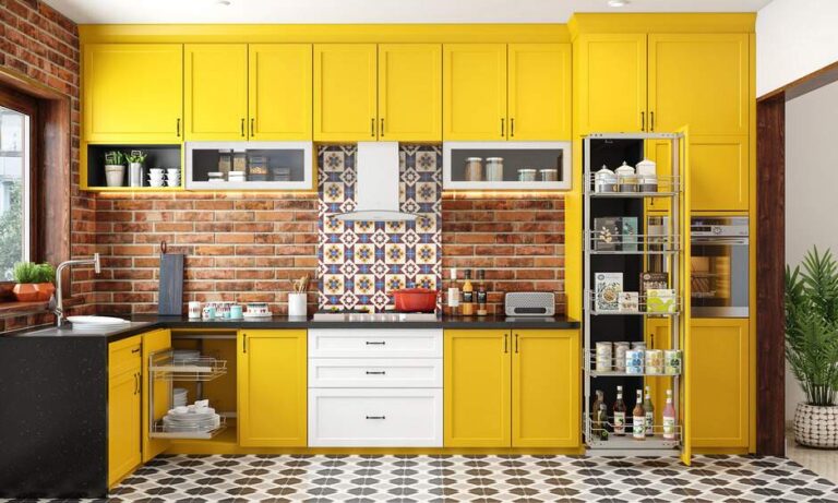 Bright yellow RTA kitchen cabinets with pull-out pantry and shaker design
