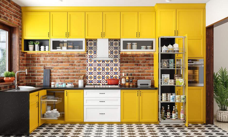 Bright yellow RTA kitchen cabinets with pull-out pantry and shaker design