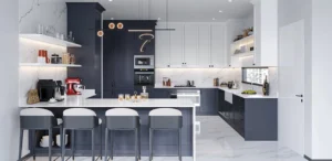 Modern flat pack kitchen cabinet design with white shaker cabinets