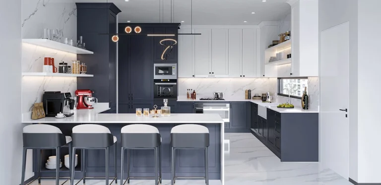 Modern flat pack kitchen cabinet design with white shaker cabinets