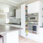 kitchen cabinet colors Canada with modern white cabinets and tall pantry storage