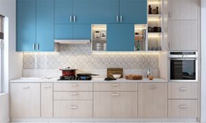 Modern kitchen with blue uppers and light wood lowers, ready to assemble kitchen cabinets, LED lighting and built-in oven