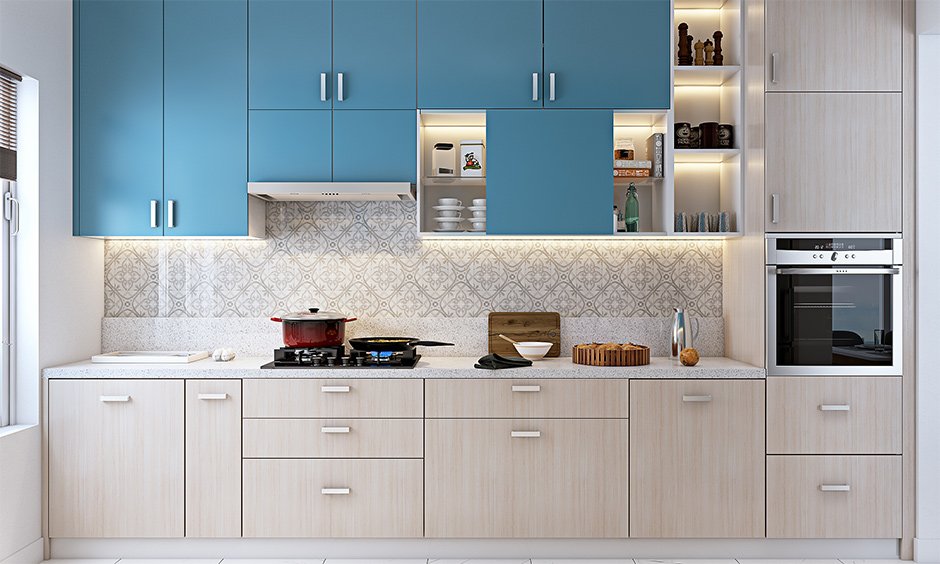 Modern kitchen with blue uppers and light wood lowers, ready to assemble kitchen cabinets, LED lighting and built-in oven