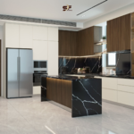 IKEA kitchen cabinets in a modern kitchen with dark wood accents and black marble island