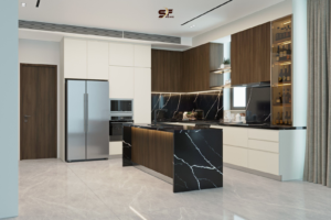 IKEA kitchen cabinets in a modern kitchen with dark wood accents and black marble island