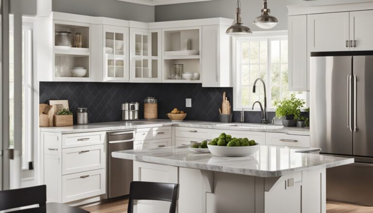 RTA kitchen cabinets in a modern white kitchen with wood grain upper cabinets