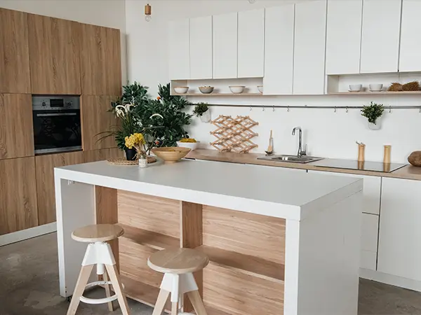 Modern Kitchen Cabinets Mississauga & Toronto with minimalist white uppers and wood island storage