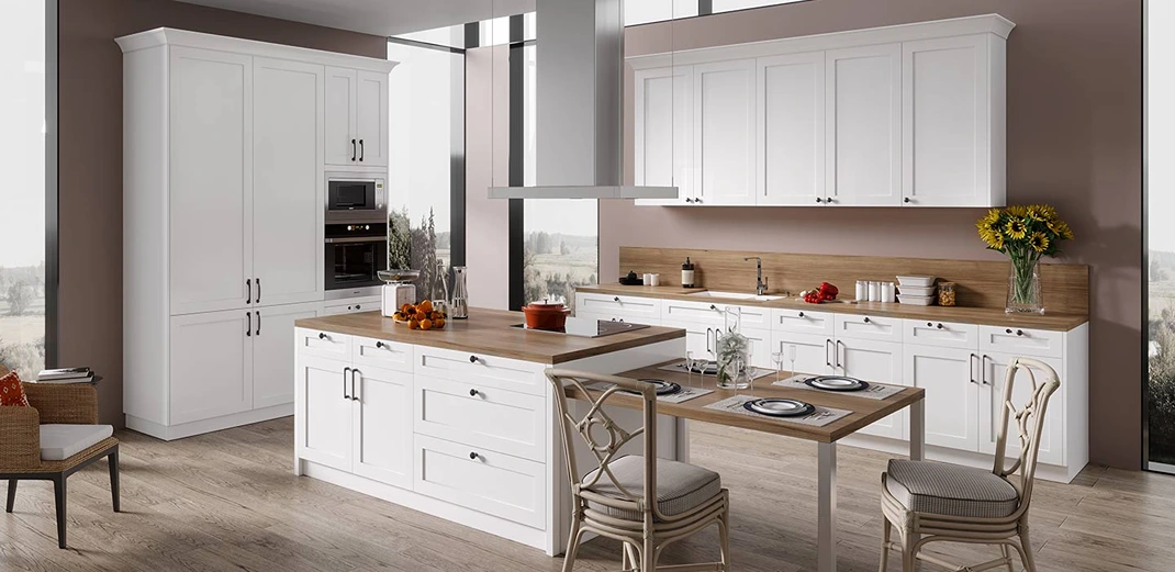 Flat pack kitchen cabinets in a modern Ontario kitchen with white shaker cabinets and island