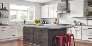 Kitchen suppliers offering in-stock white shaker cabinets with dark island