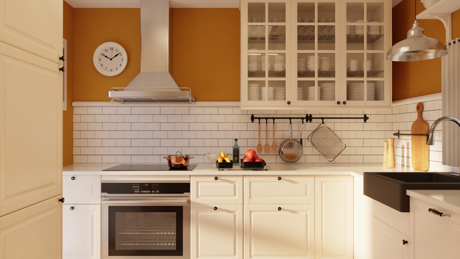 IKEA kitchen cabinets for basement kitchen in a warm traditional layout with cream cabinets, glass-front uppers, and white subway tile backsplash