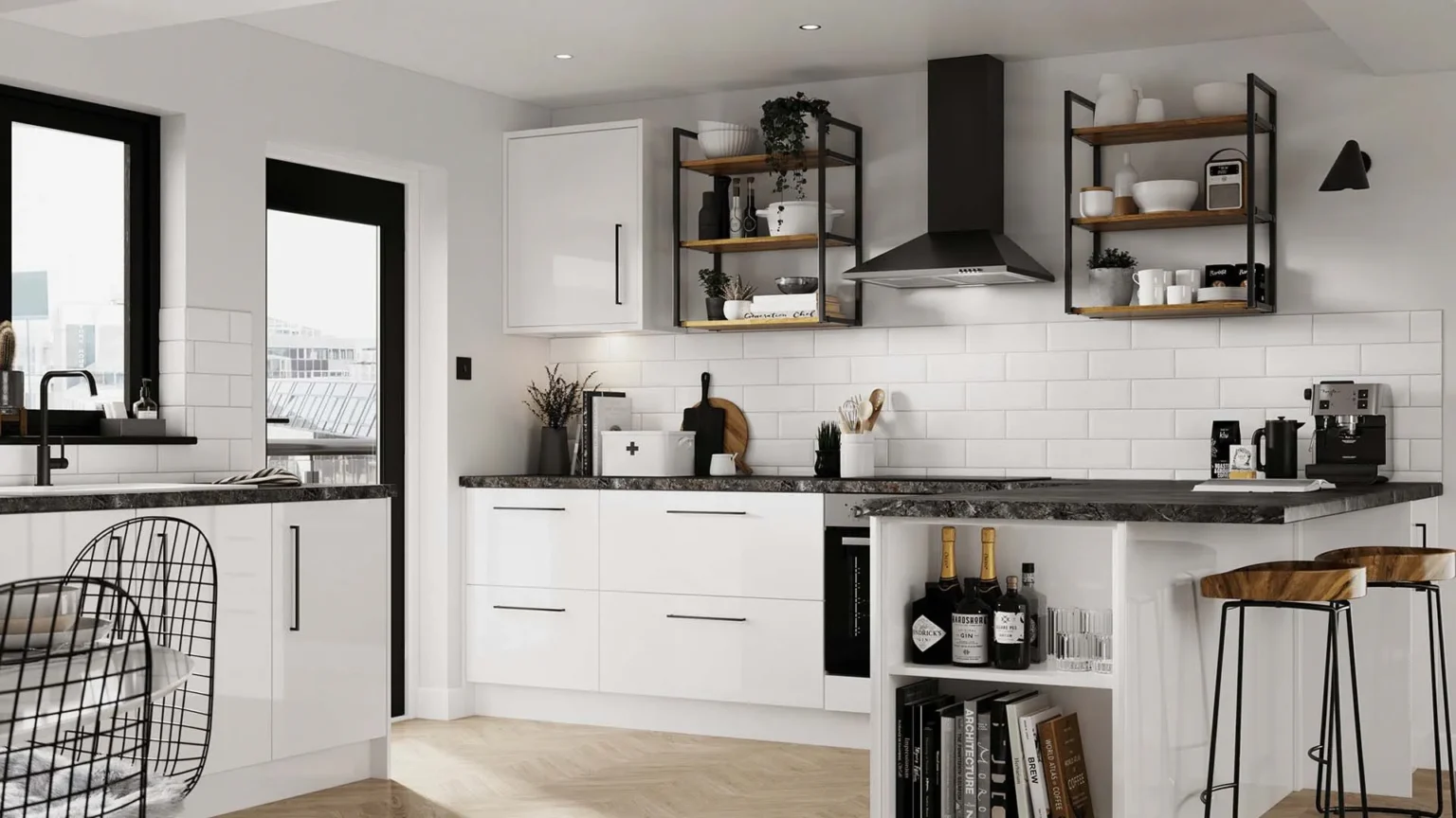 Modern white IKEA kitchen cabinets for basement kitchen with open shelving, peninsula seating, and black hardware