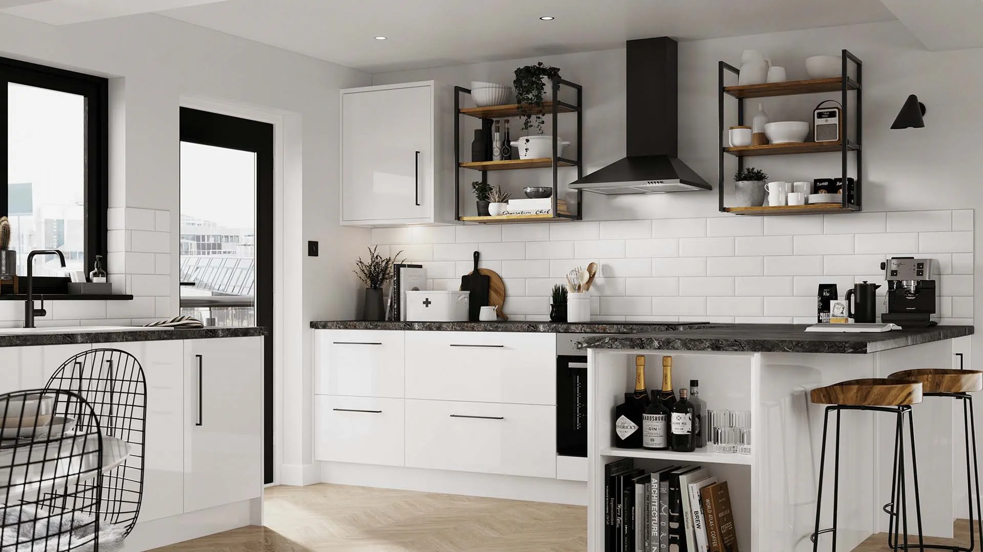 Modern white IKEA kitchen cabinets for basement kitchen with open shelving, peninsula seating, and black hardware