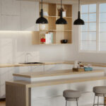 Minimalist IKEA kitchen cabinets with light wood finishes and island layout showing a modern kitchen cost design