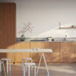 IKEA kitchen cabinets pros and cons shown in a minimalist kitchen with wood veneer cabinets and flat-panel design