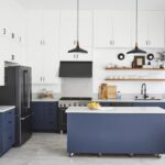 Two-tone IKEA-style kitchen showing how to choose IKEA kitchen cabinet colors with white upper cabinets and navy blue lower cabinets