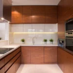 Modern wood-finish IKEA kitchen cabinets with built-in appliances and under-cabinet lighting, illustrating the hidden costs of IKEA kitchen cabinets