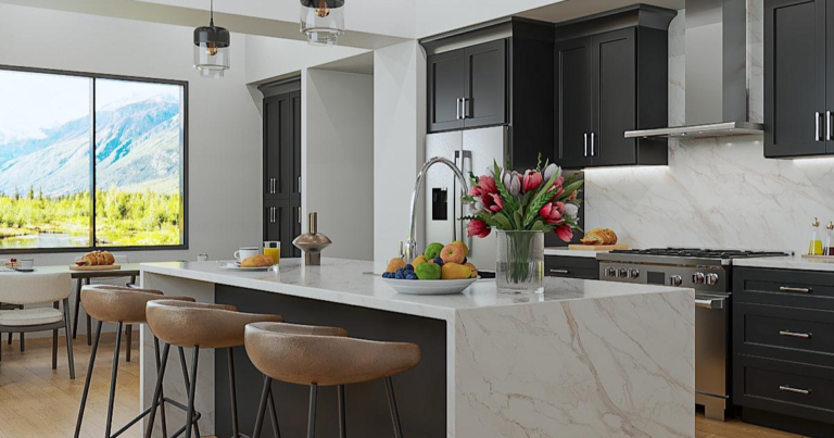Modern black IKEA kitchen cabinets vs cheap RTA cabinets in a spacious kitchen with a white waterfall island, marble-look backsplash, stainless steel appliances, and warm wood bar stools.