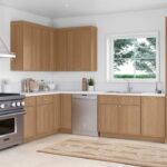 Bright kitchen with natural wood cabinets and stainless steel appliances, showing IKEA kitchen cabinets pros and cons through simple design and practical storage.