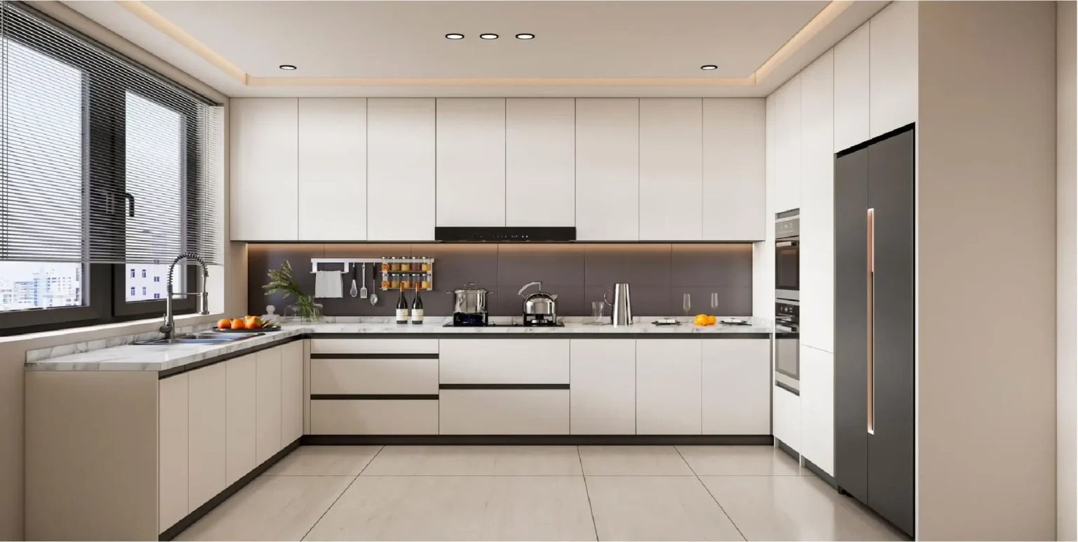 Modern minimalist IKEA kitchen cabinets in an L-shaped layout with integrated lighting