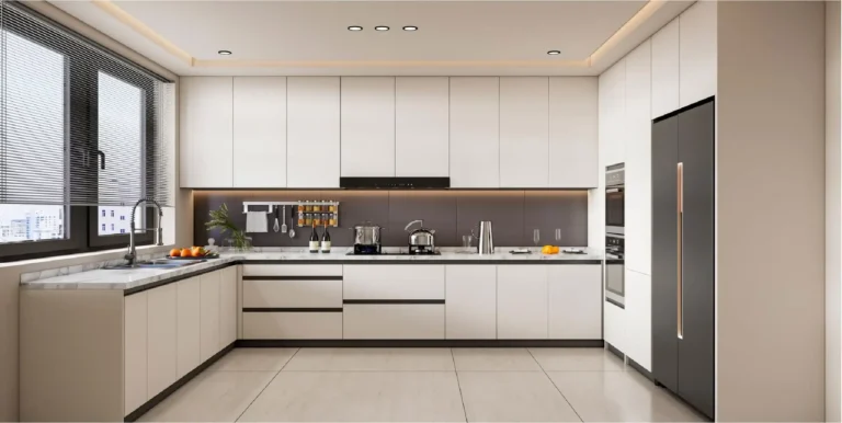 Modern minimalist IKEA kitchen cabinets in an L-shaped layout with integrated lighting