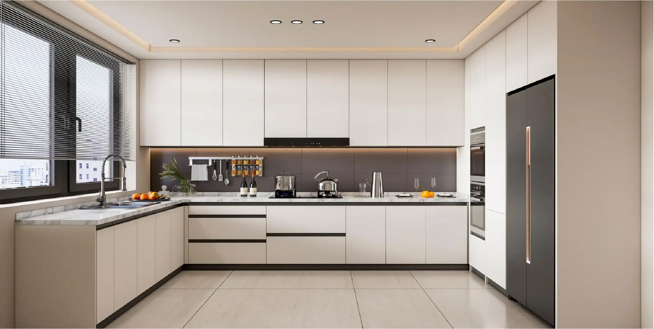 Modern minimalist IKEA kitchen cabinets in an L-shaped layout with integrated lighting