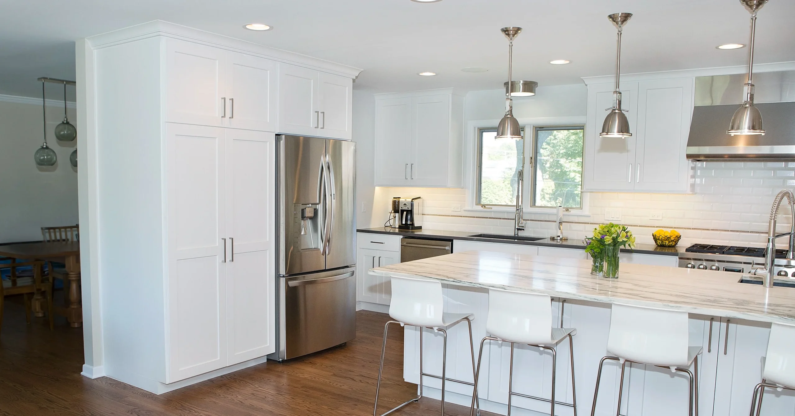 Tall pantry cabinet installed in kitchen layout with RTA kitchen cabinets