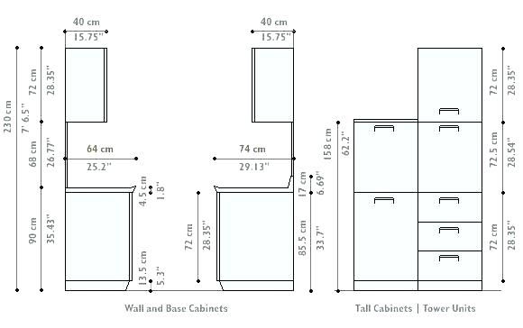 Modern kitchen cabinet layout showing standard cabinet dimensions and pantry cabinet planning