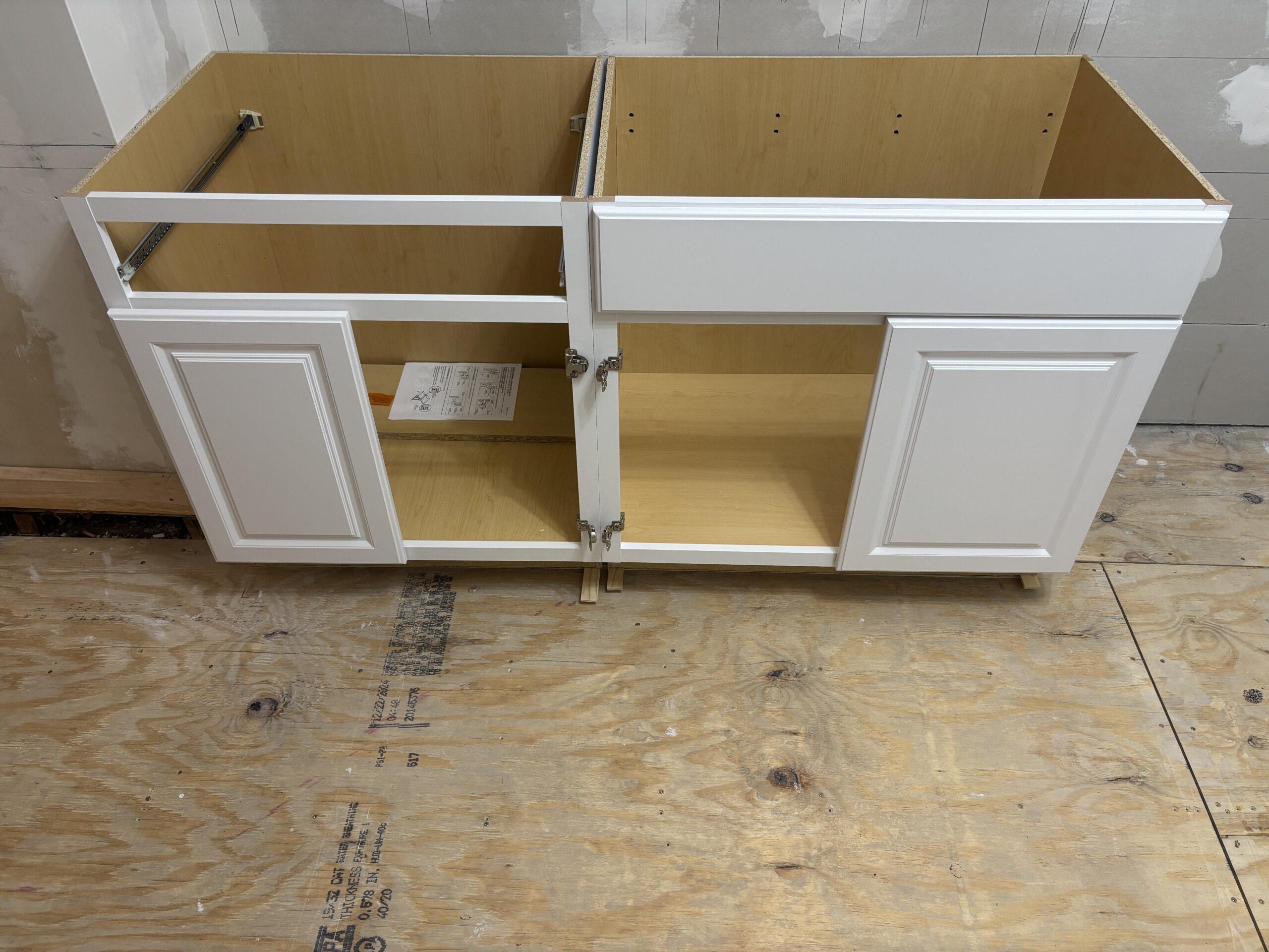 Leveling kitchen cabinets on uneven floors before RTA cabinet installation
