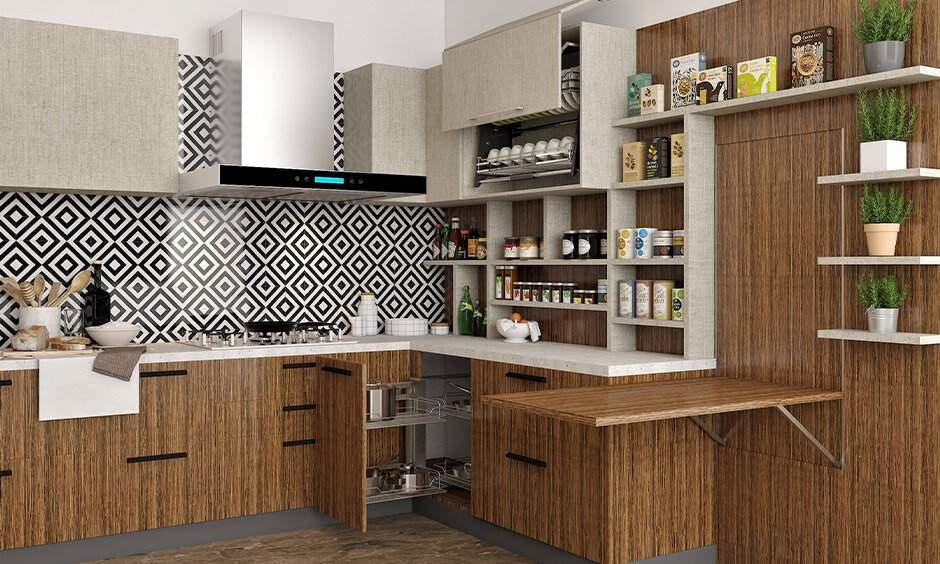 Modular kitchen pantry unit showing pantry cabinet location and storage layout